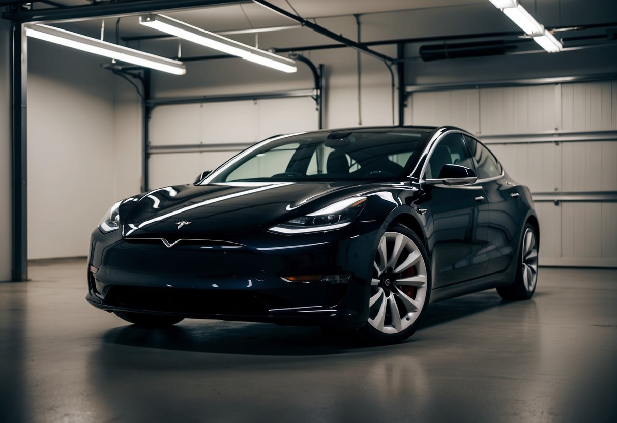 A sleek black Tesla Model 3 parked in a dimly lit garage, illuminated by soft overhead lights