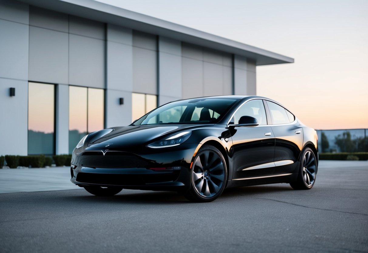 A sleek black Tesla Model 3 parked in front of a modern, minimalist building with clean lines and large windows
