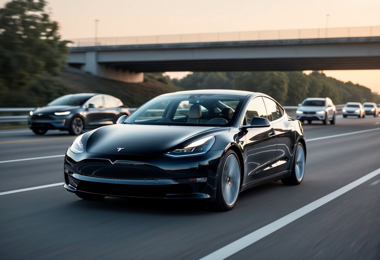 A sleek black Tesla Model 3 speeds down a highway, effortlessly weaving through traffic with impressive performance and efficiency