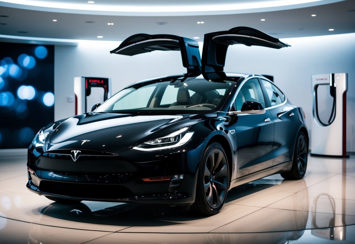 A black Tesla Model 3 with sleek lines and advanced safety features, surrounded by modern technology and cutting-edge design