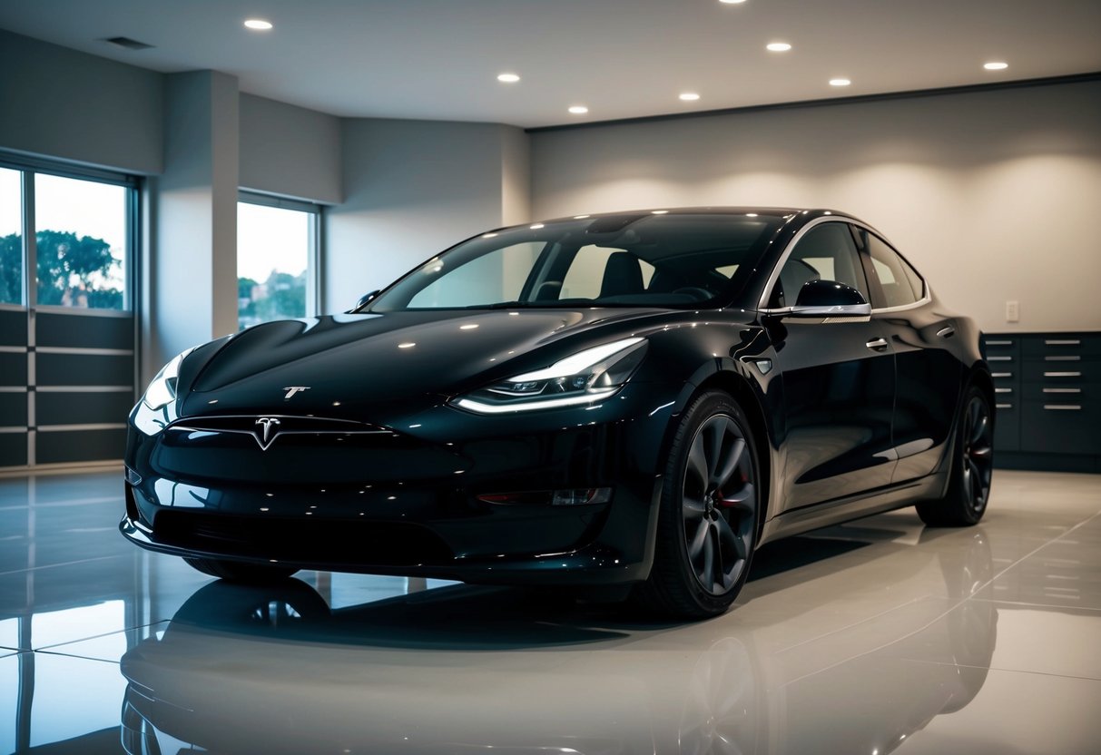 A black Tesla Model 3 parked in a sleek, modern garage with polished floors and ambient lighting