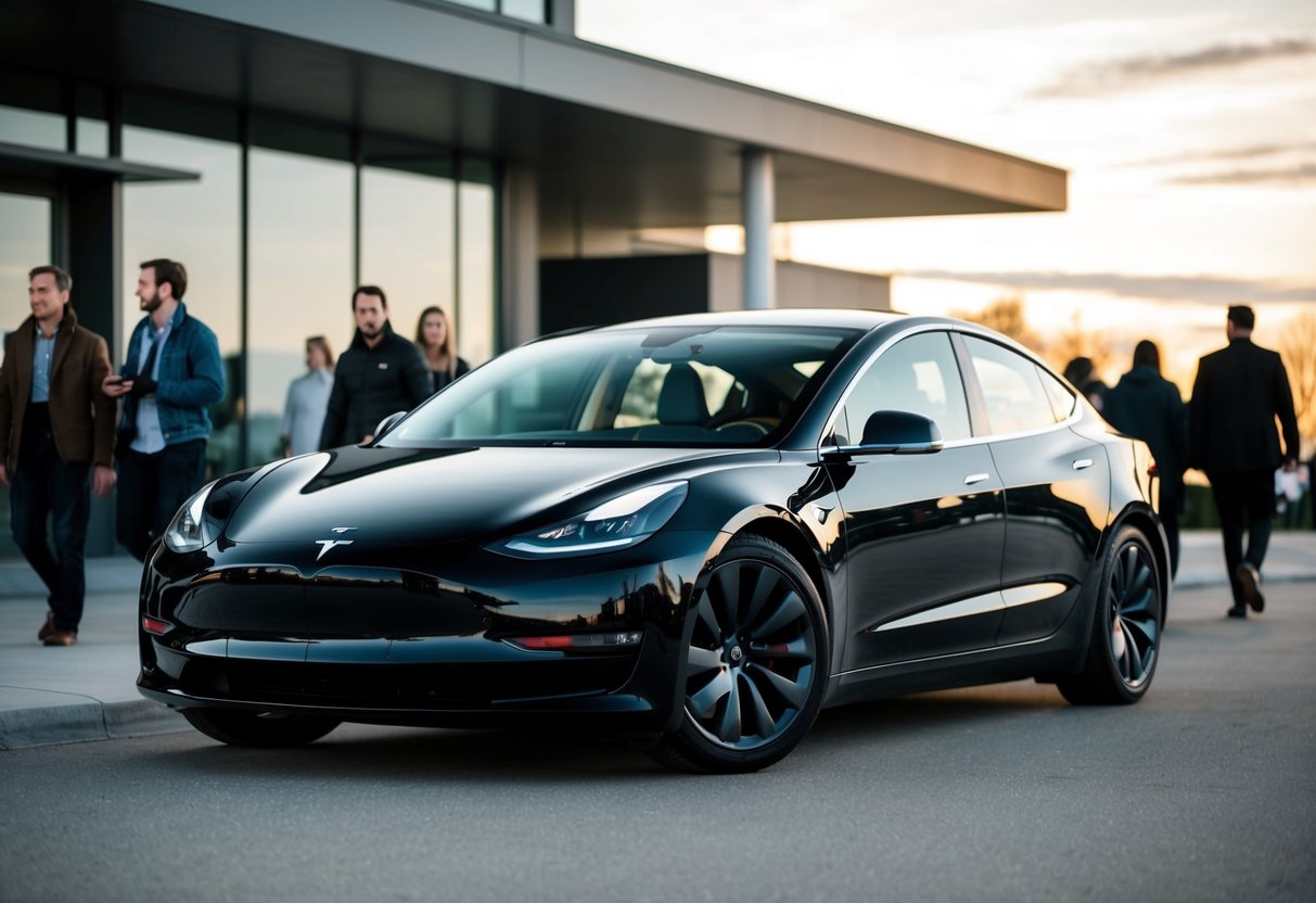 A black Tesla Model 3 parked in front of a modern building, with people walking by and glancing at the car