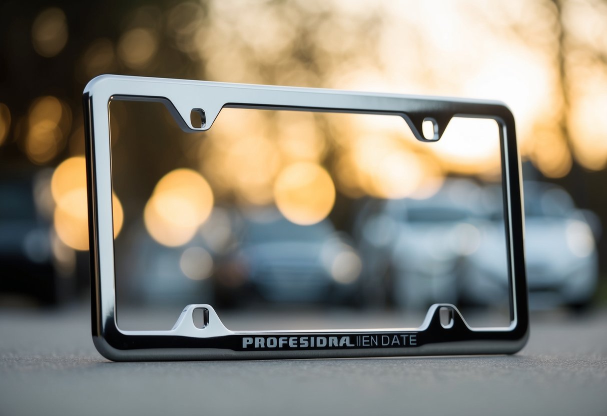 A sleek, modern license plate frame with a metallic finish, featuring a minimalist design and subtle branding