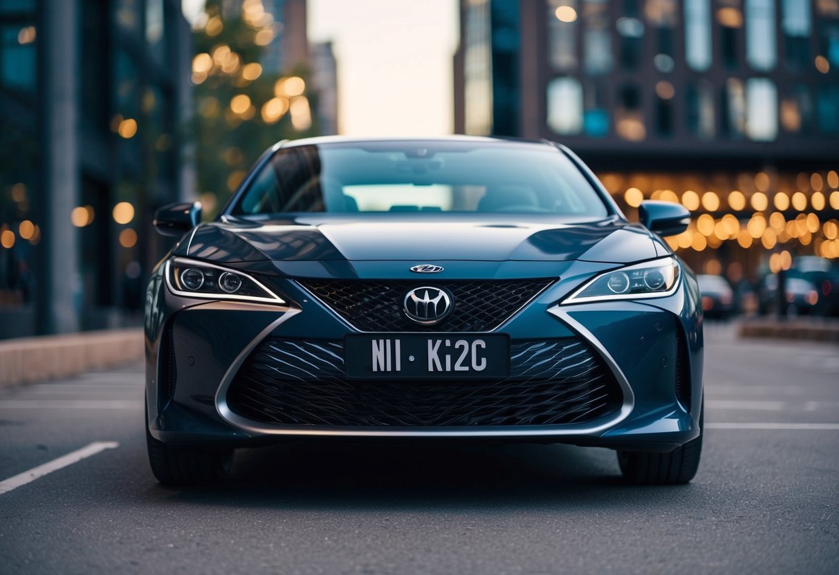 A sleek, modern car with a silicone surround license plate frame, parked in a well-lit urban setting
