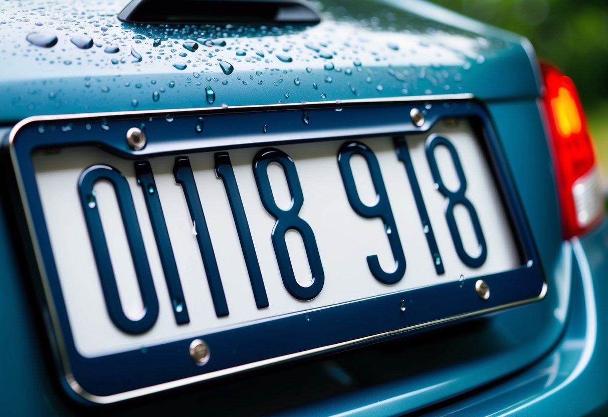 A license plate frame attached to a car, with raindrops sliding down its weather-resistant surface