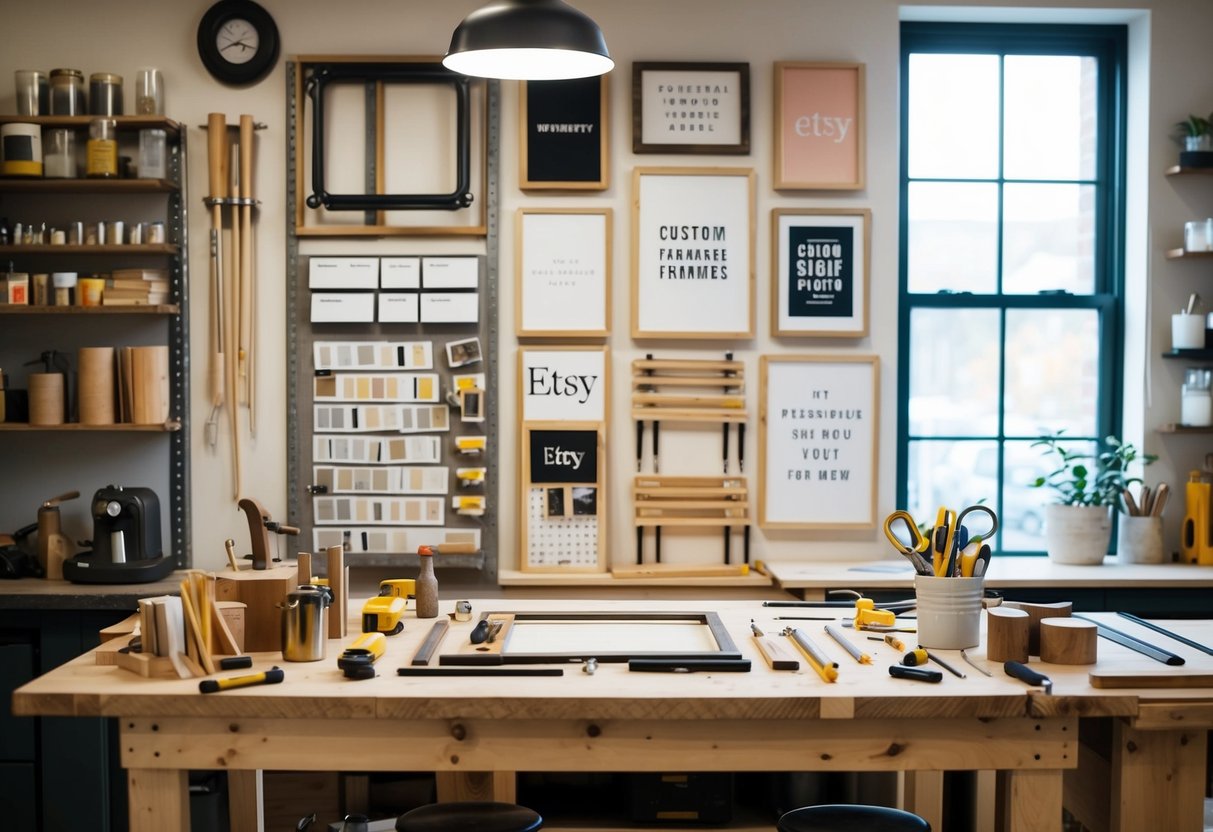 A cozy workshop with tools and materials for creating custom handmade frames, with various design ideas and inspiration from Etsy displayed on the walls