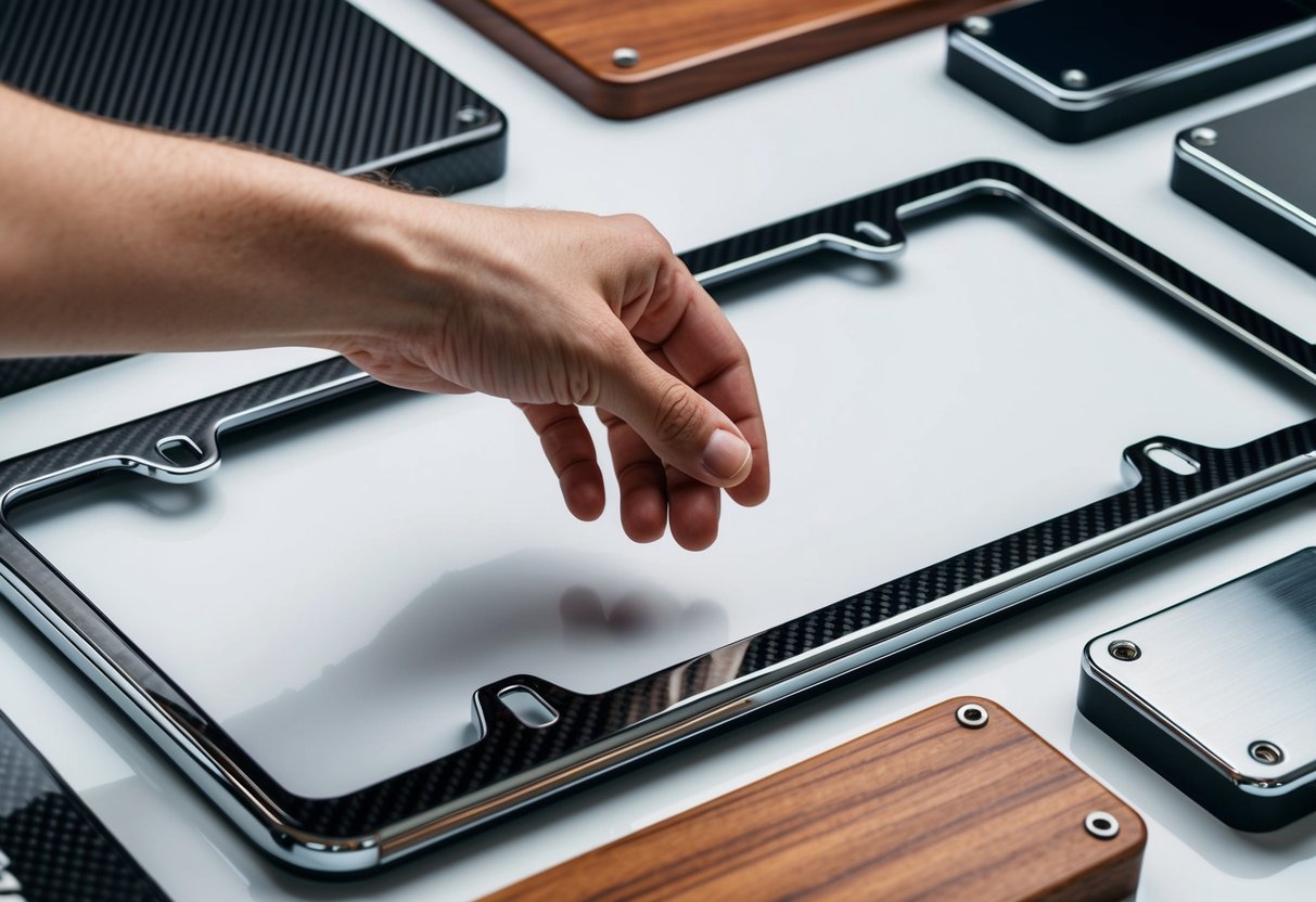 A hand reaching for a sleek, metallic license plate frame, surrounded by various material options such as carbon fiber, wood, and chrome