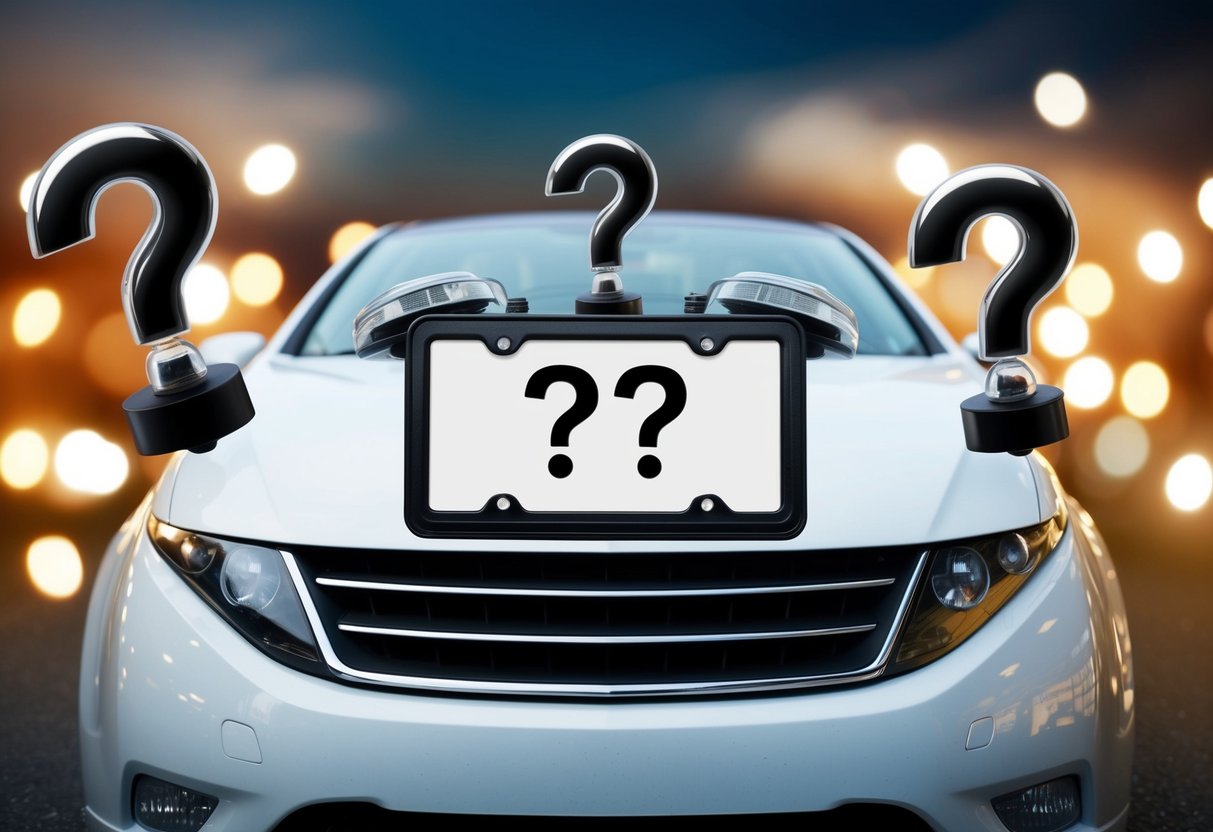A car with a license plate frame surrounded by question marks and lightbulbs