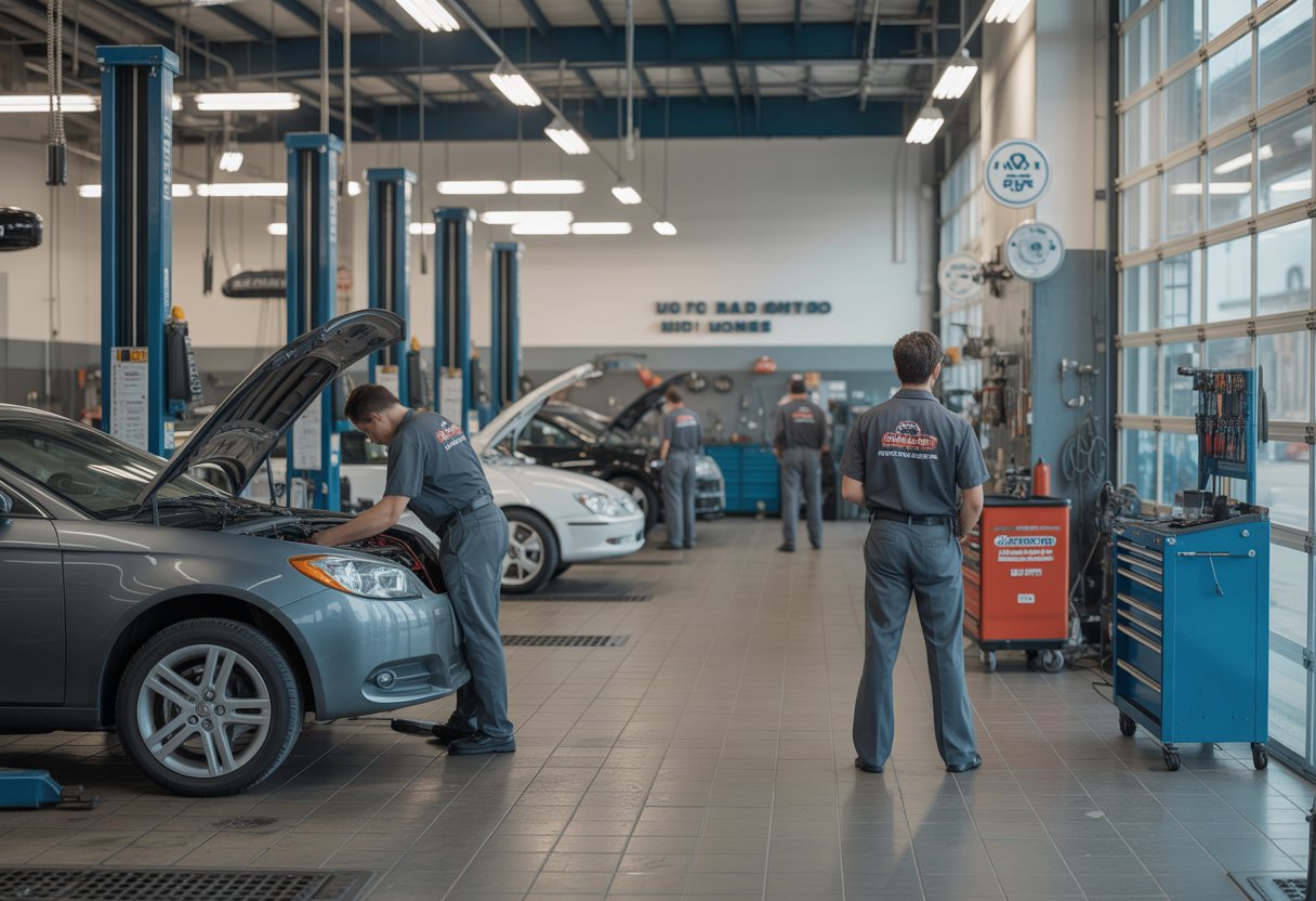 A busy auto repair shop with mechanics working on cars and modern equipment in a clean garage.