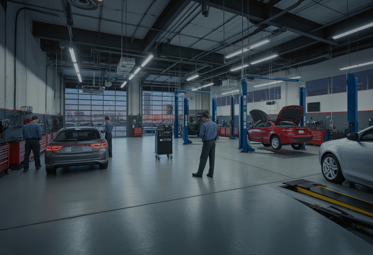 Mechanics working on cars inside a clean and organized auto repair shop with tools and equipment visible.