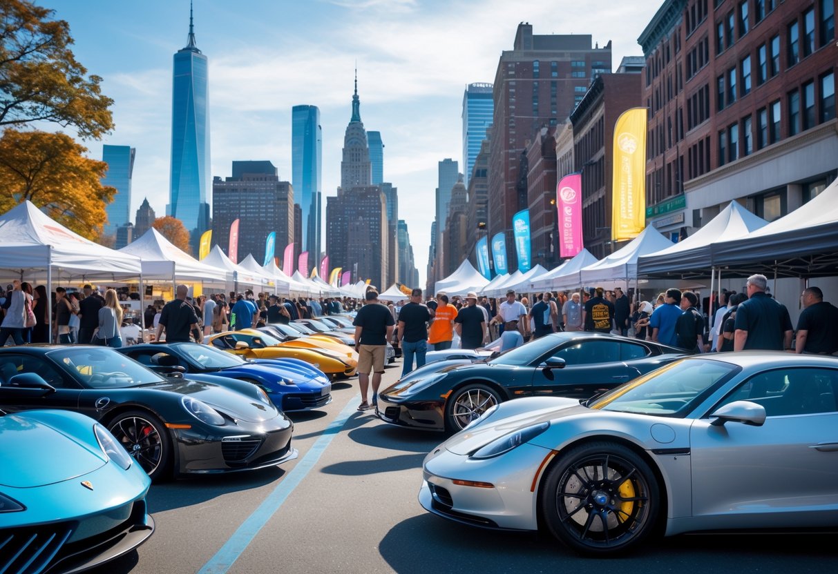 A busy outdoor car show in New York City with various cars on display and people walking around, with the city skyline in the background.