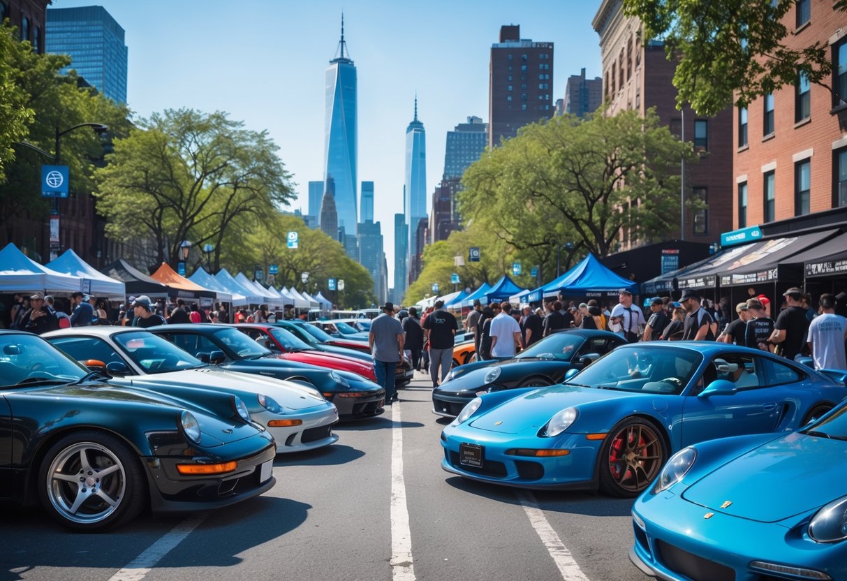 A crowd of people admiring a variety of cars parked on a city street with New York City skyscrapers in the background during a car meet.