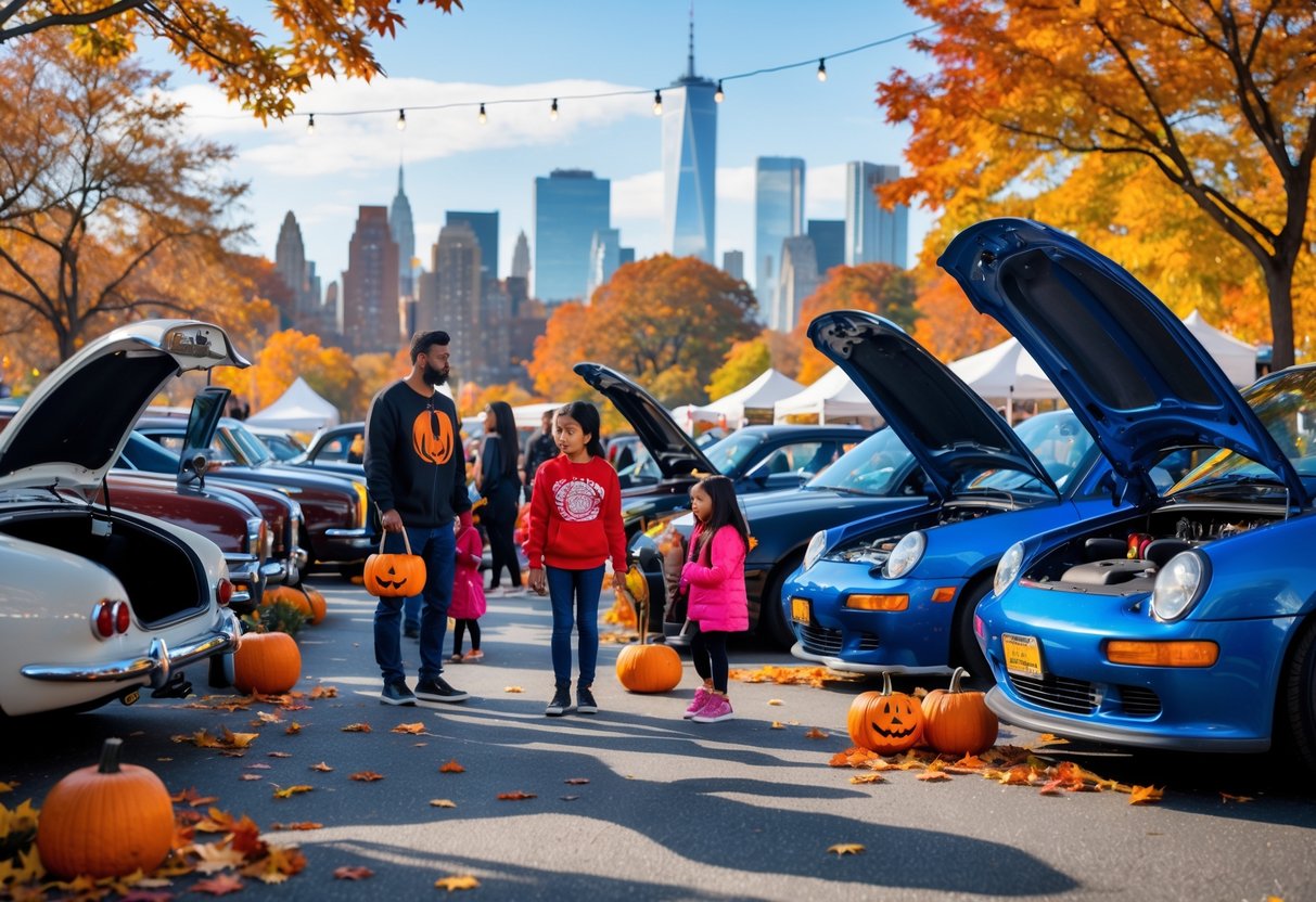 Families and children enjoying a festive outdoor car show in New York City during autumn with decorated cars and fall decorations.