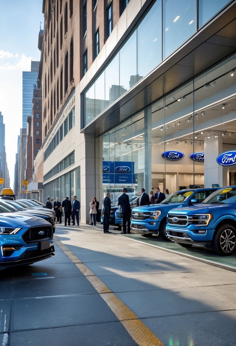 Exterior of a modern Ford car dealership in New York City with new cars displayed and people interacting outside.