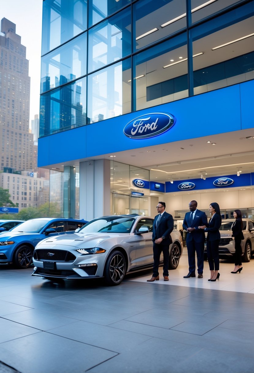 A Ford car dealership in New York City with new vehicles displayed and sales representatives assisting customers.
