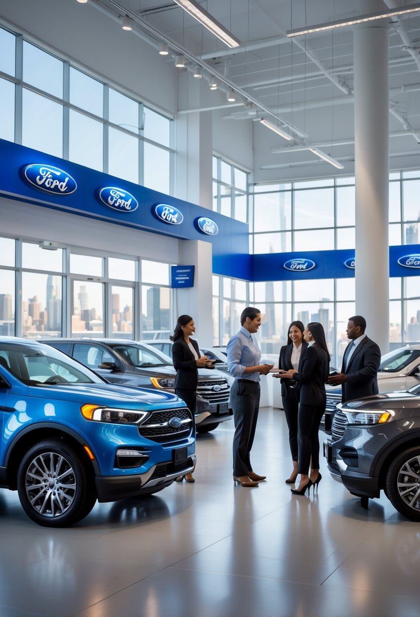 A car dealership showroom with Ford vehicles and sales representatives assisting customers near financing and support desks.