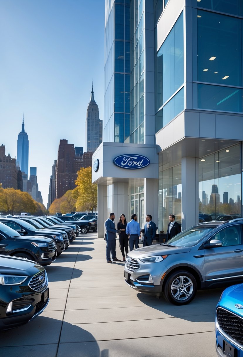 A Ford car dealership in New York City with new cars parked outside and people talking near the vehicles, with city skyscrapers in the background.