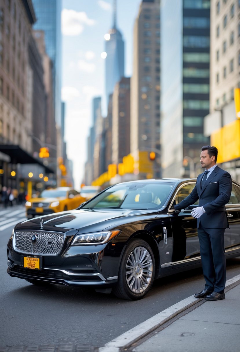 A luxury black sedan parked on a New York City street with a chauffeur standing by the open door, surrounded by tall buildings and city activity.