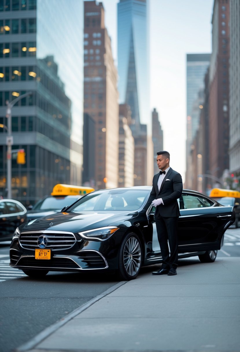 A luxury black sedan parked on a city street with a chauffeur standing beside the open door and tall buildings in the background.