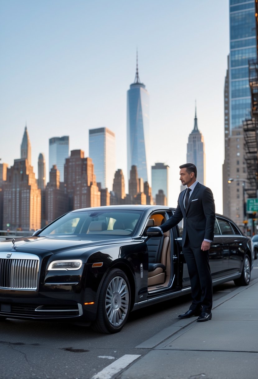 A luxury black sedan parked in front of New York City skyscrapers with a chauffeur opening the door for a businessperson.