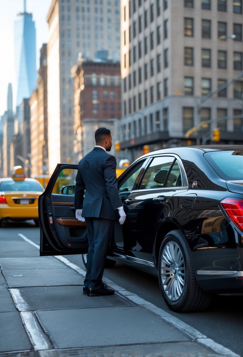 A luxury black sedan parked on a city street with a chauffeur opening the door for a passenger in New York City.