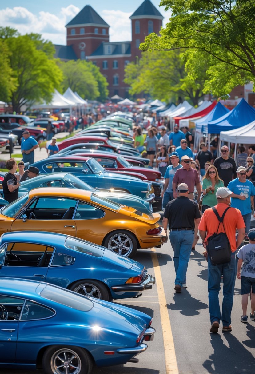A sunny outdoor car show in Ohio with people walking among rows of classic and modern cars displayed on a paved lot surrounded by trees.