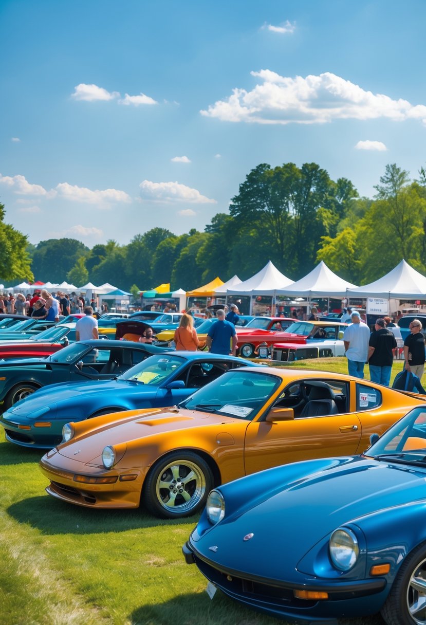 A sunny outdoor car show in Canfield, Ohio, with people walking among rows of classic and modern cars parked on grass near trees.