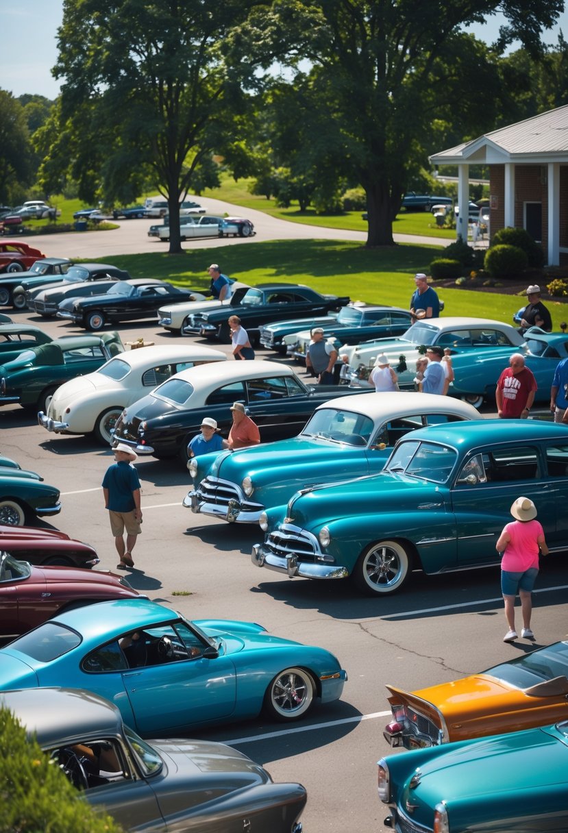 People looking at classic and modern cars parked outdoors at a car meet near a community building with trees in the background.