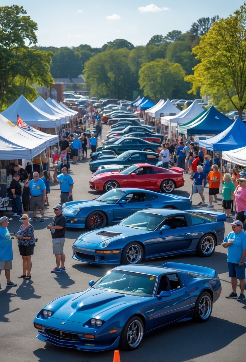 A sunny outdoor charity car show with people looking at a variety of performance cars in a parking lot surrounded by trees.