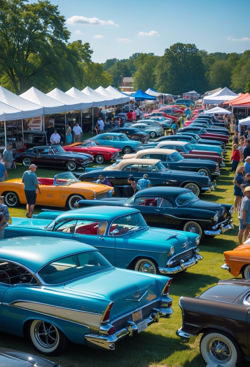 People walking among rows of classic cars at an outdoor car show on a sunny day with tents and green grass in the background.