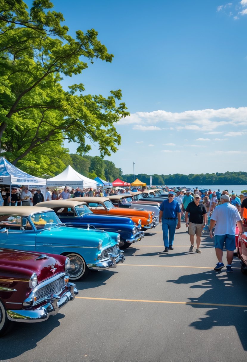 A sunny outdoor scene at a classic car and bike event with rows of vintage cars and motorcycles, people walking and admiring the vehicles, and trees and a lake in the background.