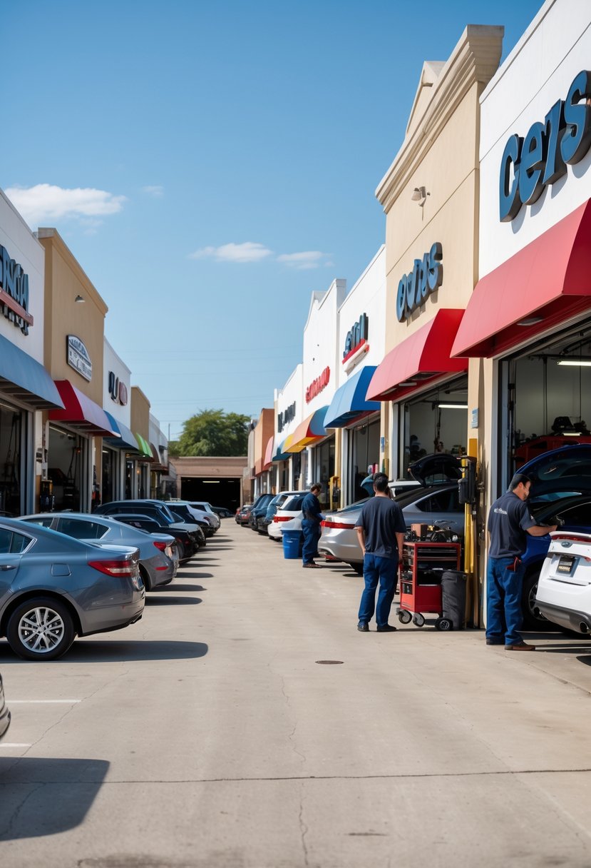 A street in Austin, Texas with seven auto repair shops where mechanics are working on cars outside the garages on a sunny day.