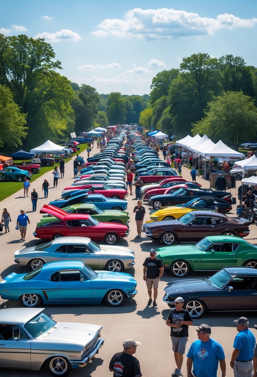 People walking around and admiring a variety of classic and modern cars parked outdoors at a car show in Central Ohio.