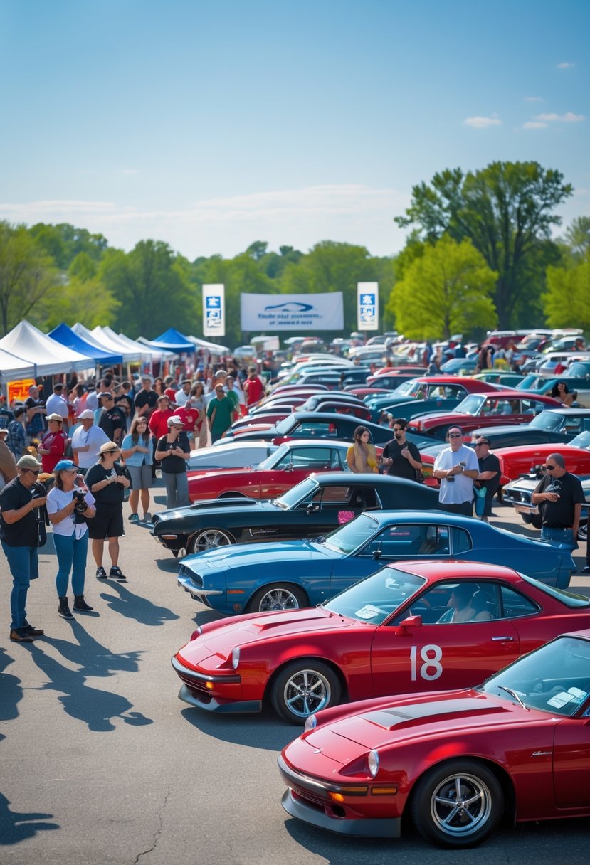 People admiring classic and modern cars displayed outdoors at a car show in Ohio on a sunny day.