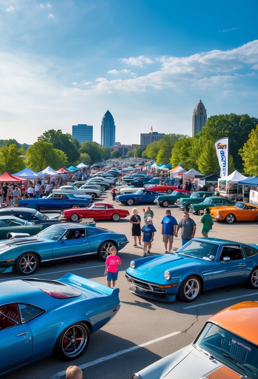 People gathered outdoors at a car show in Ohio, looking at various classic and modern cars on display.