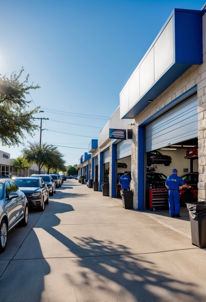 Exterior view of several auto repair shops with mechanics working on cars along a sunny street in Austin, Texas.