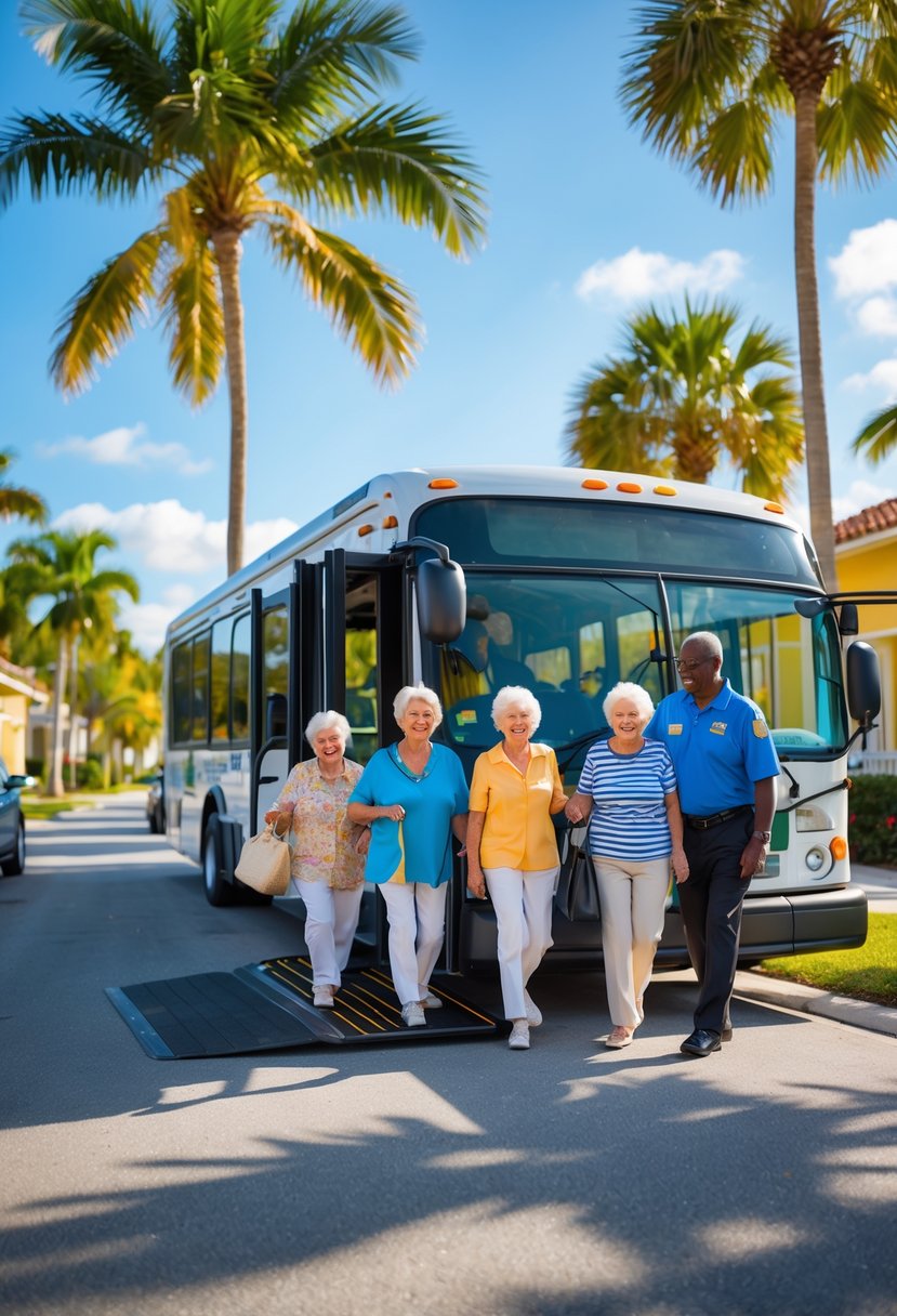 Senior citizens boarding a shuttle bus in a sunny Florida neighborhood with palm trees and a driver assisting them.