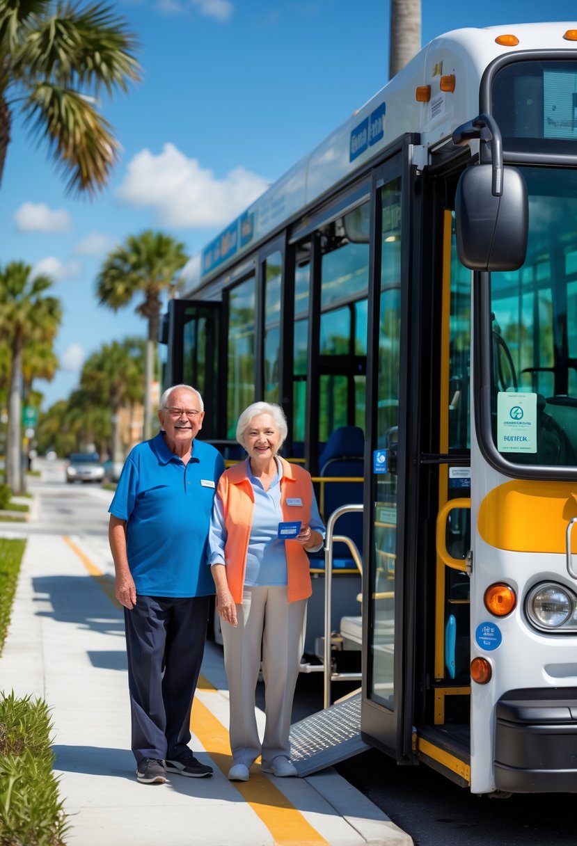 Two smiling senior citizens standing next to an accessible public bus on a sunny Florida street with palm trees.