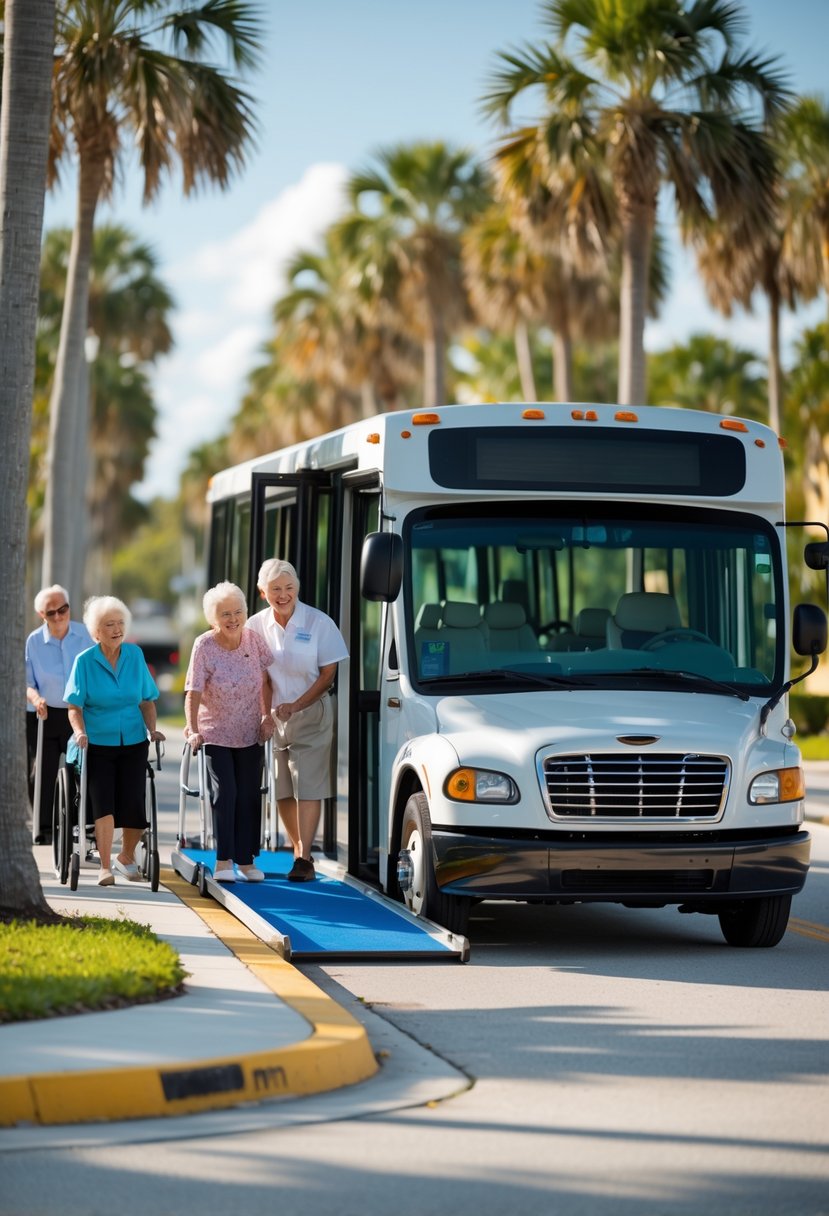 Elderly woman with a walker boarding a shuttle bus via a wheelchair ramp, assisted by a driver, with other seniors waiting nearby on a sunny street with palm trees.