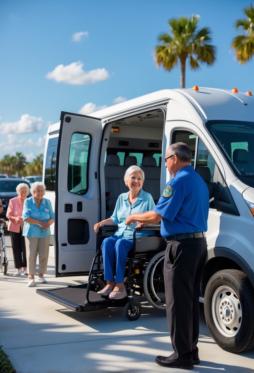 A senior woman boarding an accessible transportation van outdoors with a driver assisting her, palm trees and other seniors waiting nearby.