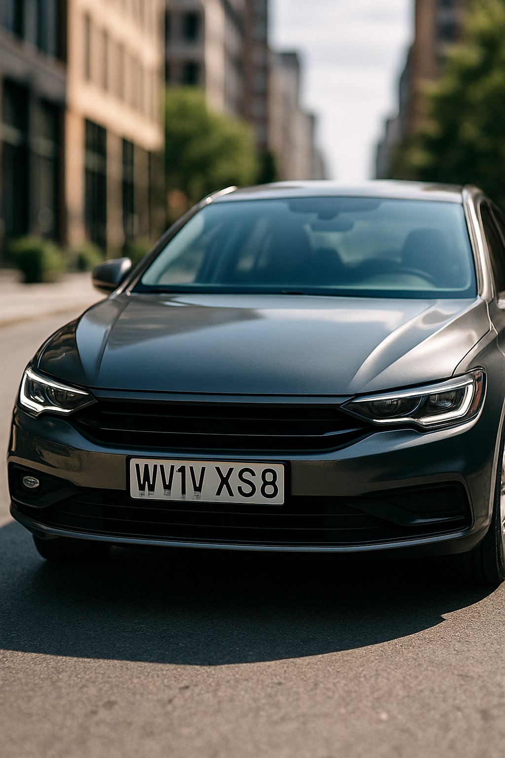 A modern car parked on a city street with a clearly visible custom license plate.