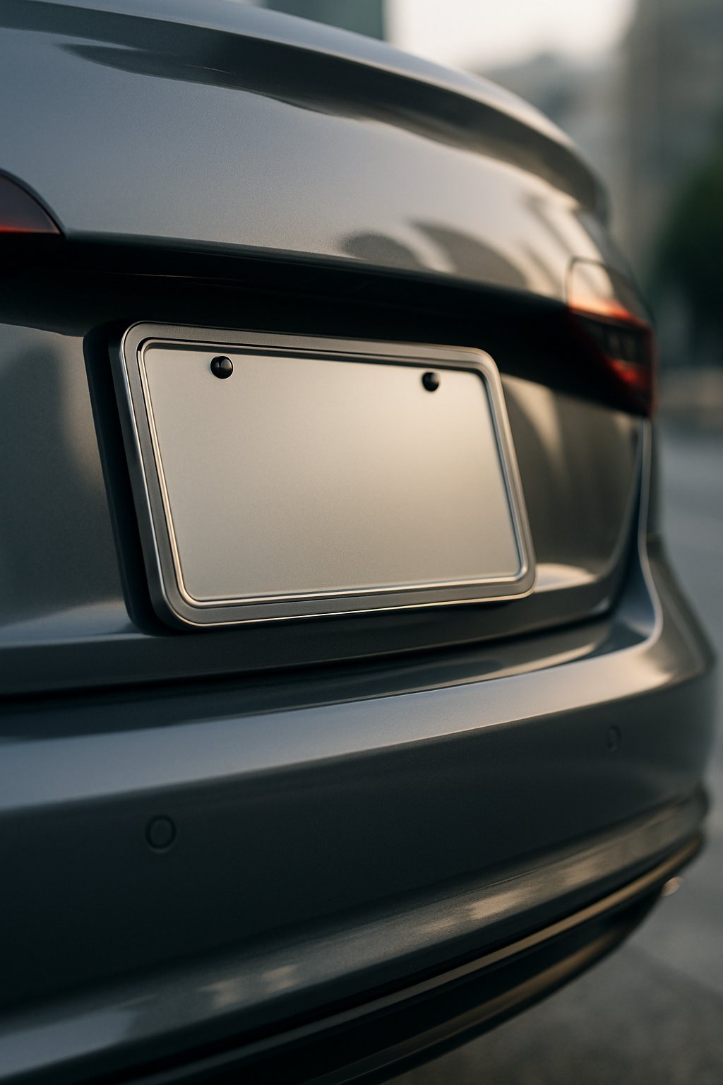 Close-up of a modern car's rear license plate area with a blurred city background.