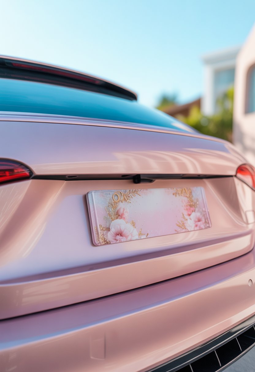 A pink car parked outdoors with a custom decorative license plate featuring feminine floral and gold accents.