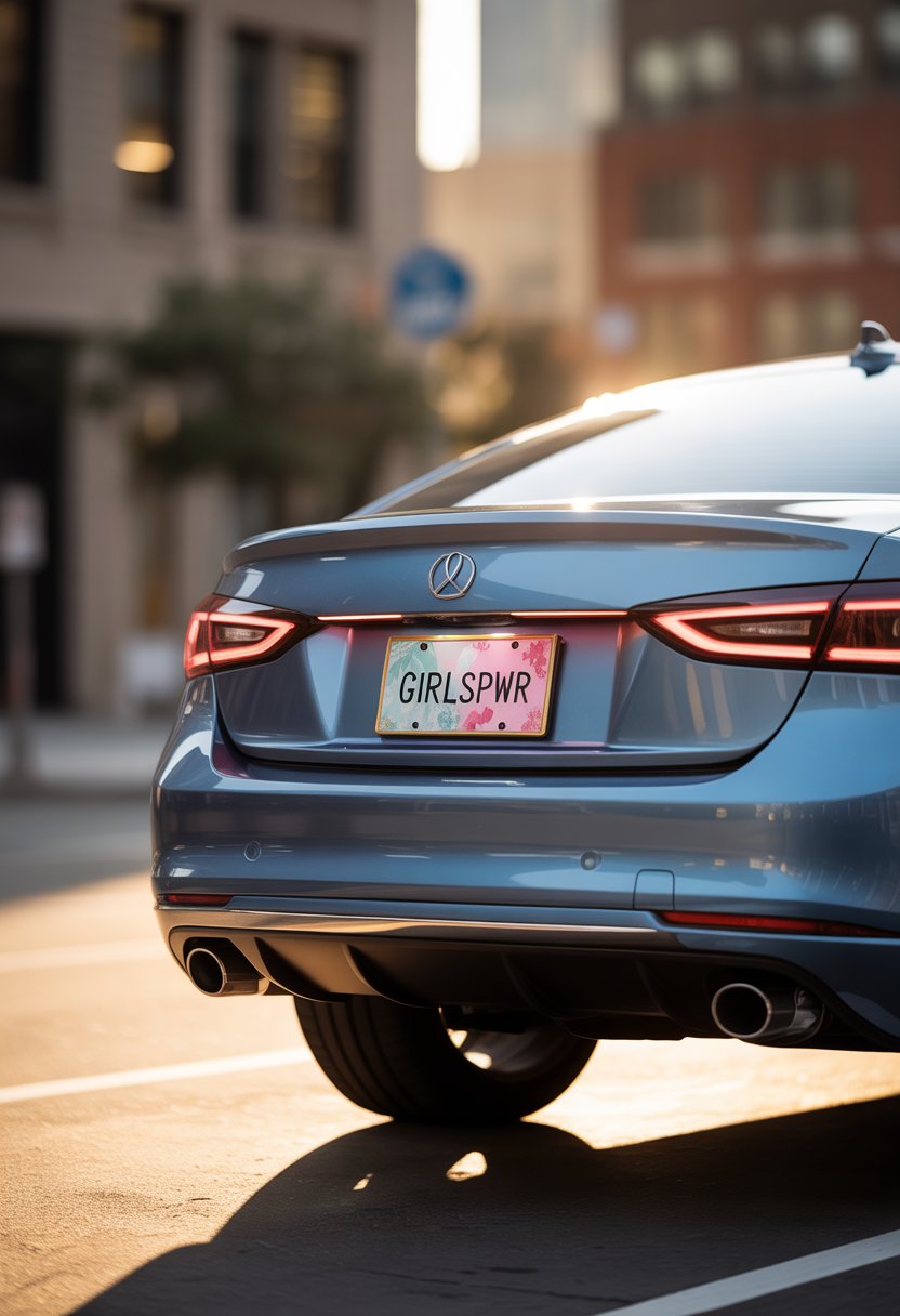A modern car parked on a city street during sunset with a stylish custom license plate featuring feminine and empowering design elements.