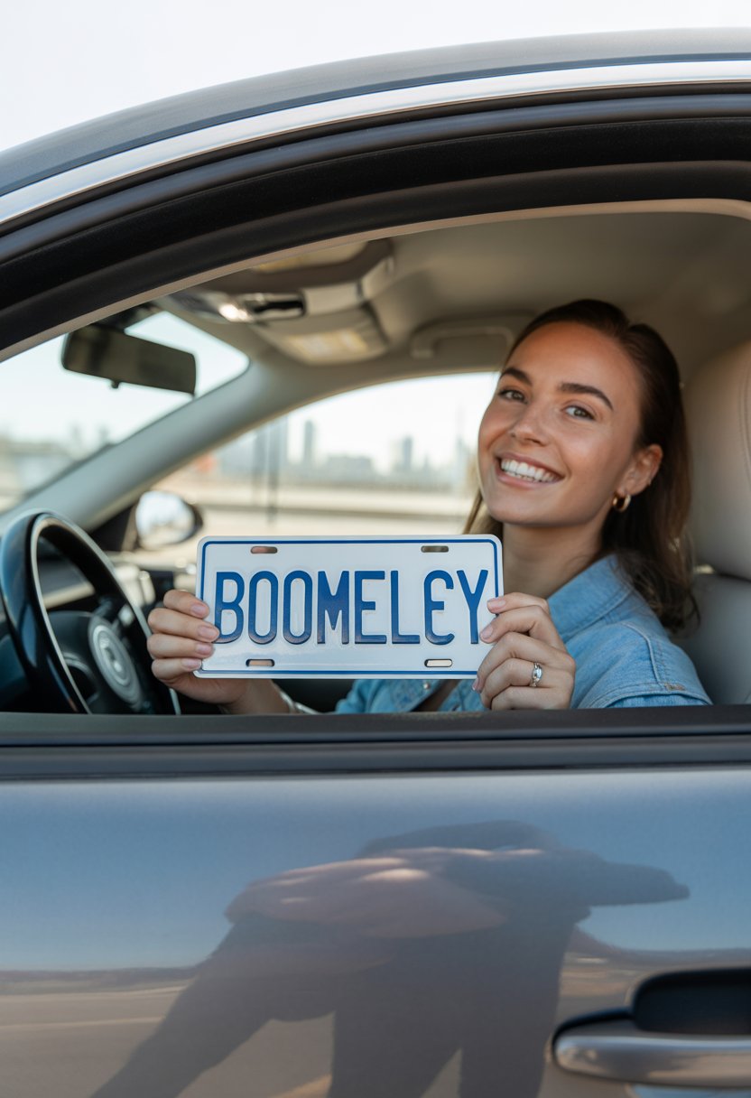 A young woman sitting in the driver's seat of a car holding a custom license plate and smiling.