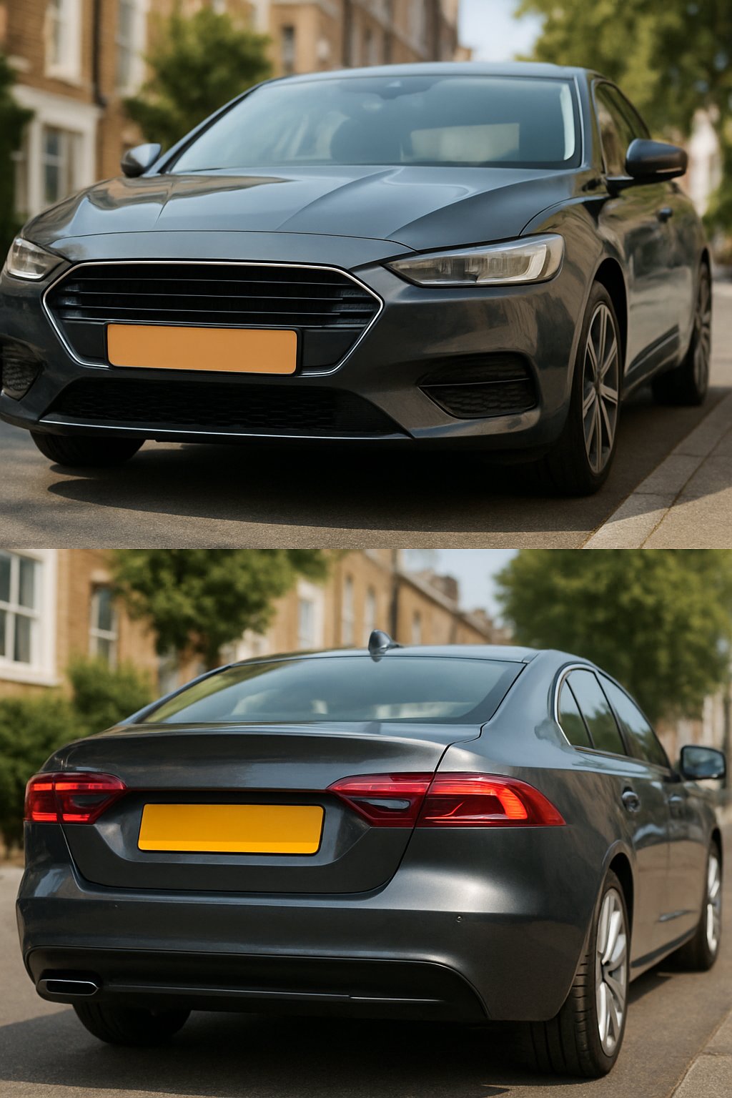 Close-up view of a modern UK car showing front and rear number plates with different design styles, parked on a sunny street with buildings and trees in the background.