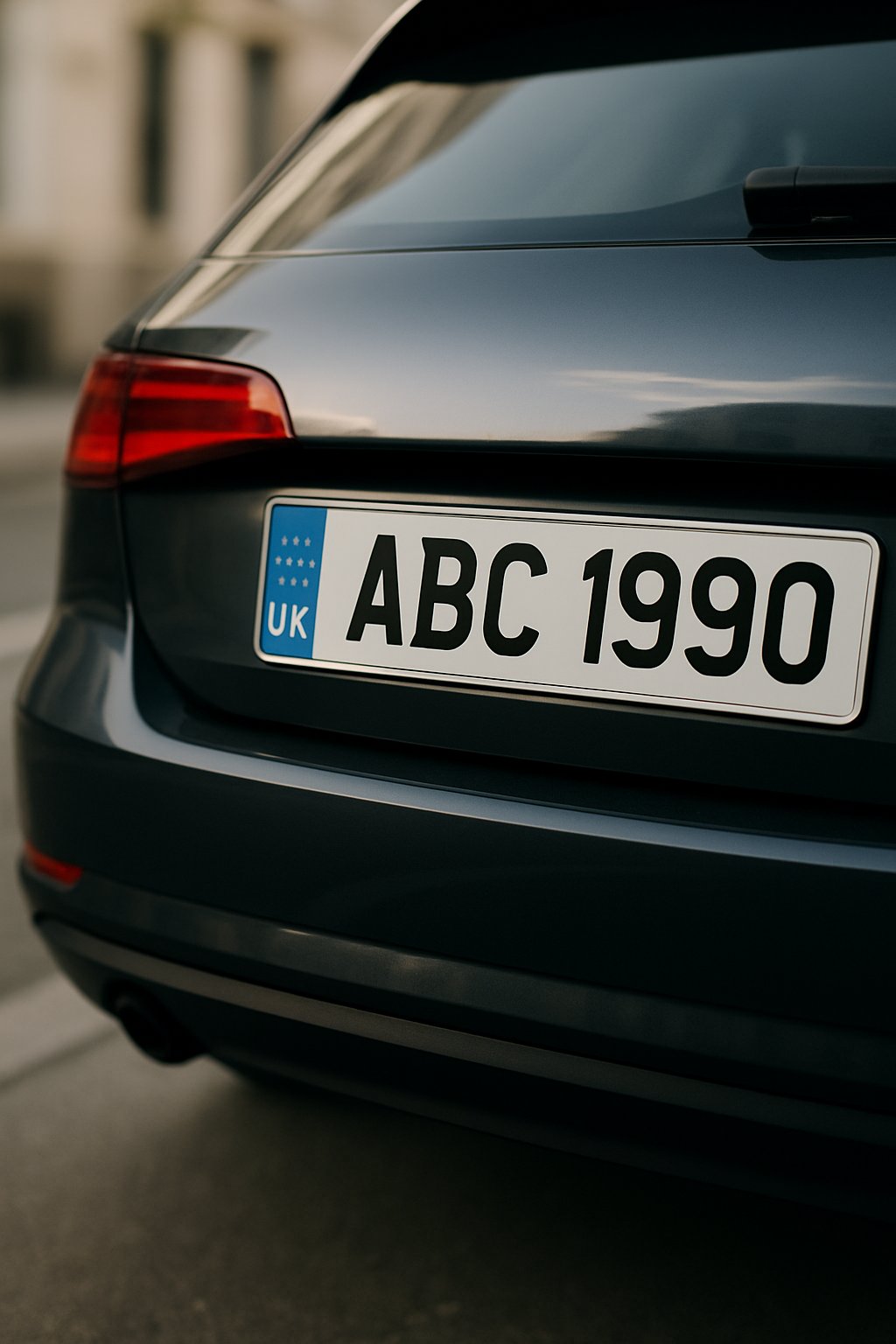 Close-up of a UK car number plate showing initials and a birth year on the back of a dark car parked on a city street.