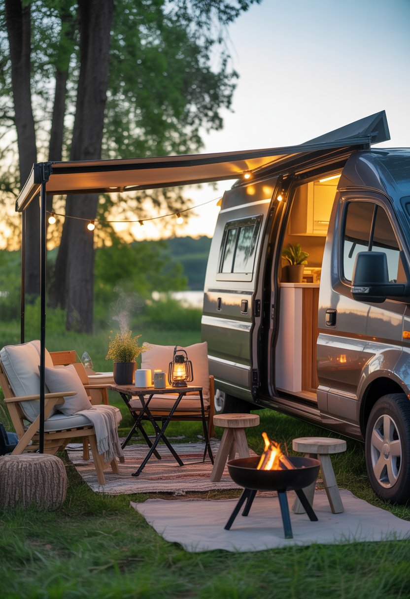Outdoor seating area next to a parked RV with chairs, a table, plants, and string lights in a forested setting during sunset.