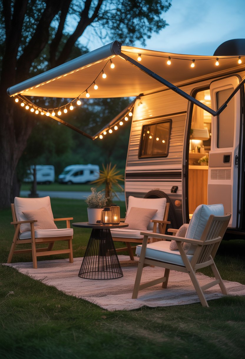 Outdoor RV seating area illuminated by string lights with comfortable chairs and plants at dusk.
