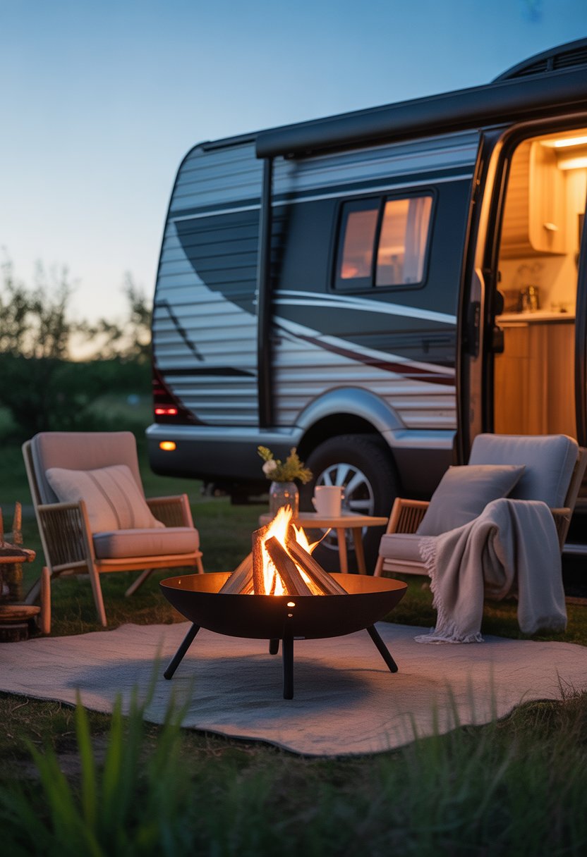 A portable fire pit glowing warmly outside an RV with comfortable seating around it in a natural outdoor setting at dusk.